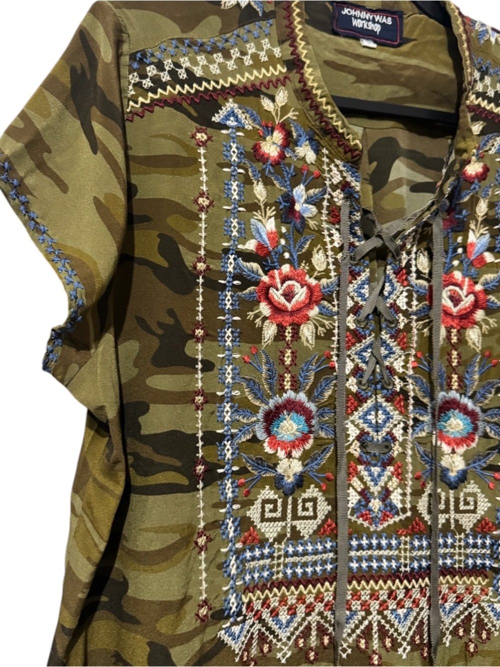 Johnny Was Workshop Ronnie Camo Embroidered Tunic Dress Floral Boho Large - Picture 4 of 8